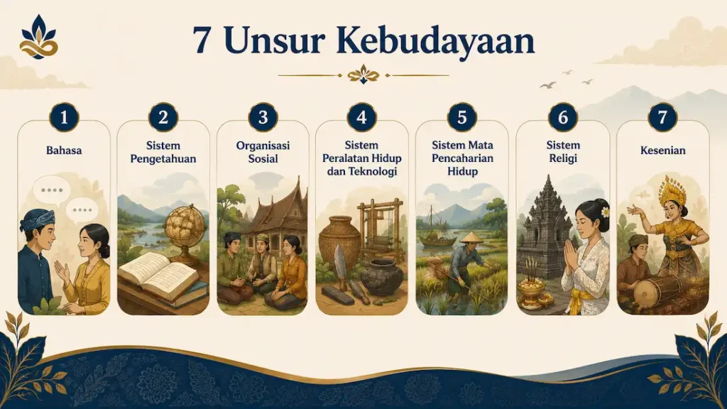 Infografik tujuh unsur kebudayaan dalam budaya Indonesia
