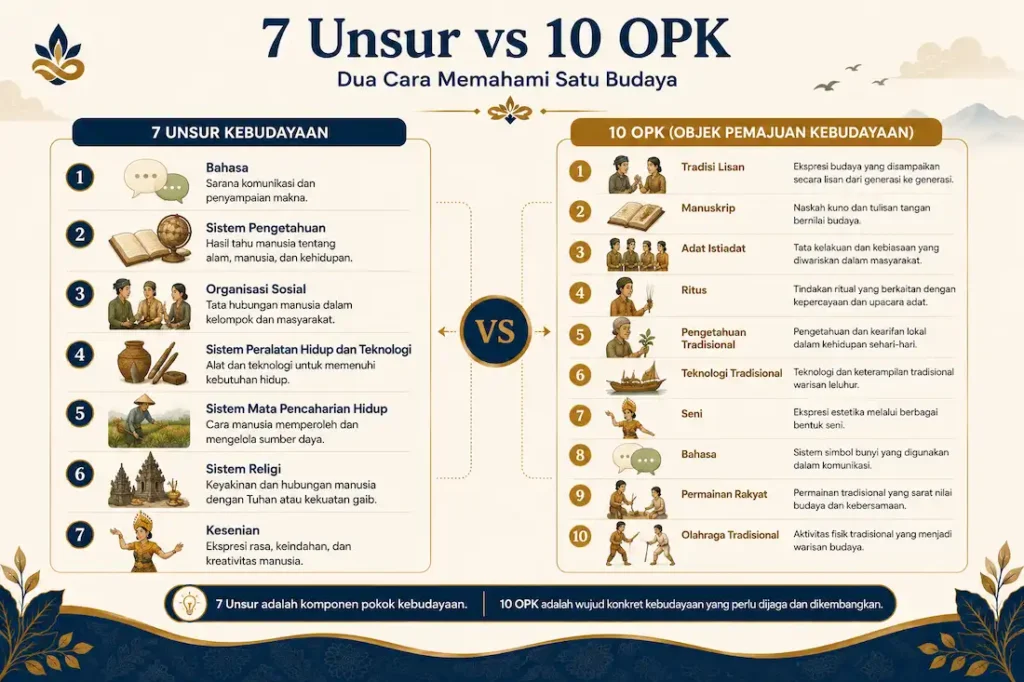 Perbandingan tujuh unsur kebudayaan dan sepuluh objek pemajuan kebudayaan Indonesia