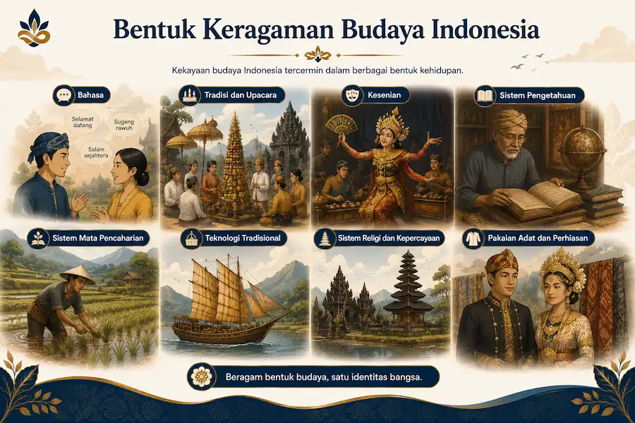 Kolase bentuk keragaman budaya Indonesia dalam kehidupan masyarakat