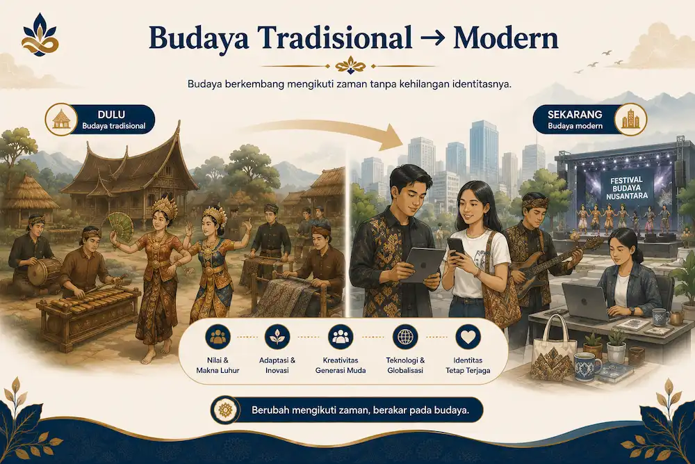 Ilustrasi perubahan dan adaptasi budaya tradisional dalam kehidupan modern