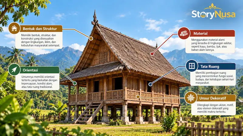 Ciri arsitektur rumah adat Indonesia: bentuk, material, orientasi, tata ruang, dan unsur dekoratif