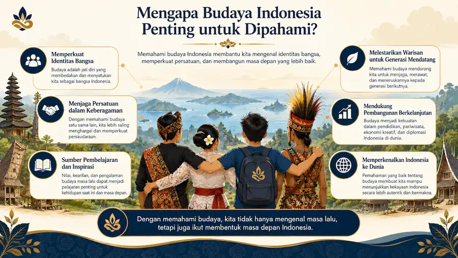 Ilustrasi pentingnya memahami budaya Indonesia bagi identitas, persatuan, dan pelestarian warisan budaya