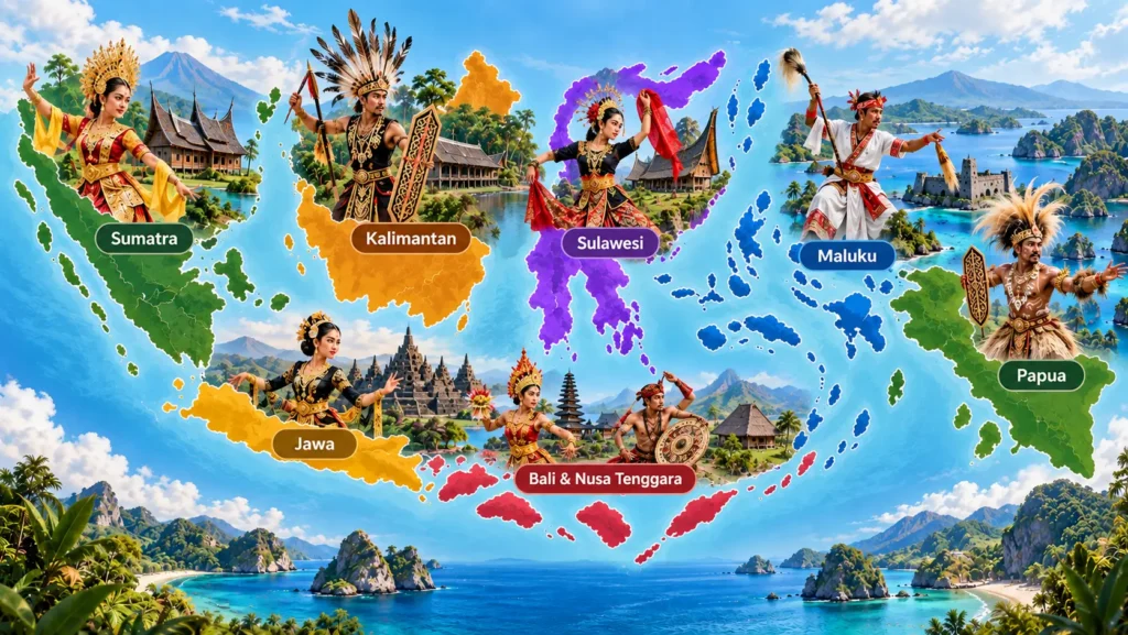 Peta kawasan Indonesia untuk menunjukkan keragaman tari tradisional