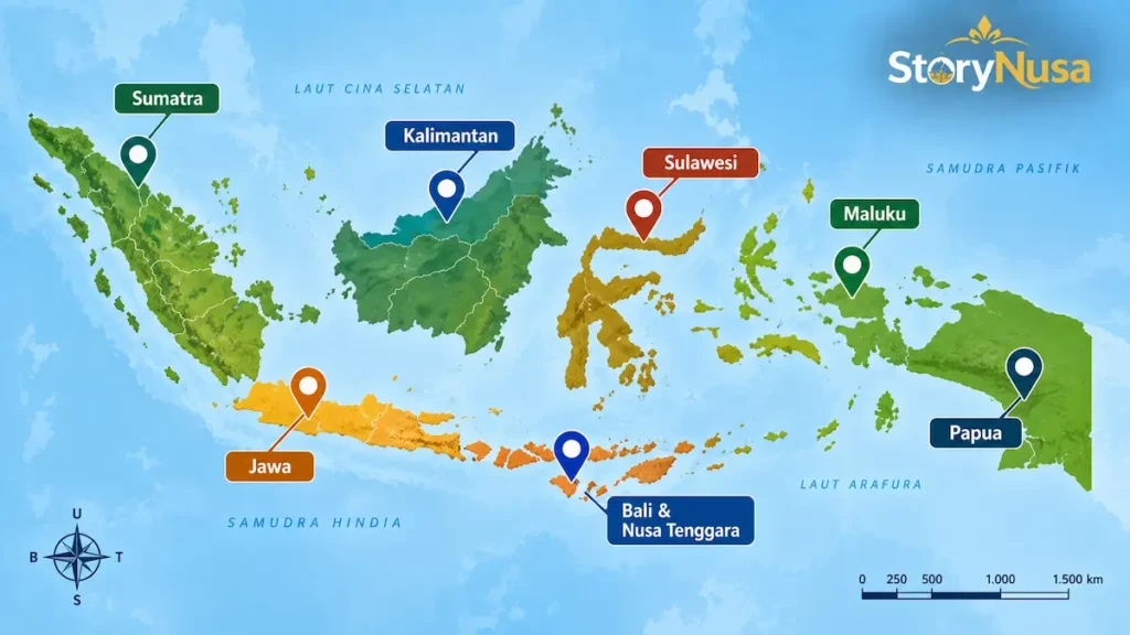 Peta wilayah Indonesia dengan contoh rumah adat berdasarkan kawasan