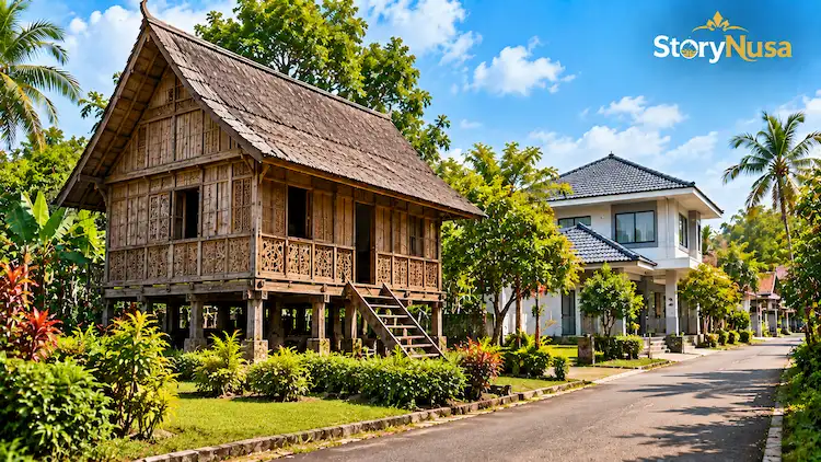 Rumah adat berdampingan dengan rumah modern sebagai gambaran perubahan di masa kini