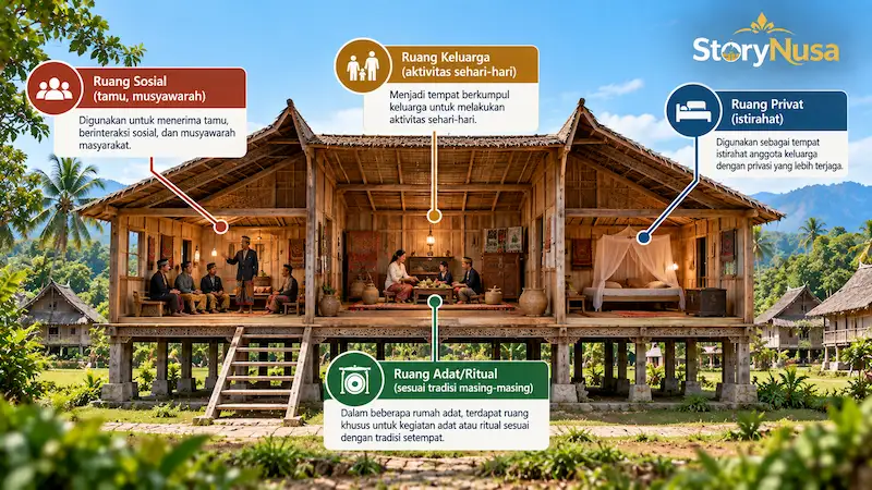 Tata ruang rumah adat dan hubungan ruang sosial, keluarga, privat, serta kegiatan adat