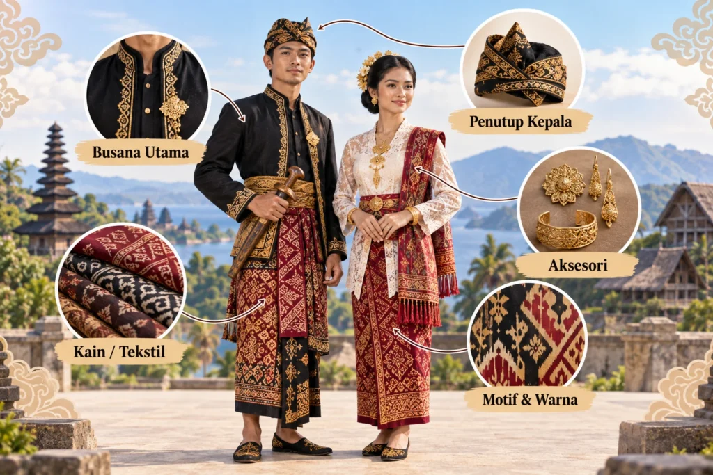 Detail unsur busana, kain, penutup kepala, aksesori, serta motif dan warna