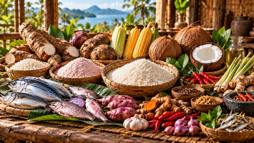 Beras, sagu, jagung, umbi, ikan, kelapa, dan rempah sebagai bahan pangan lokal