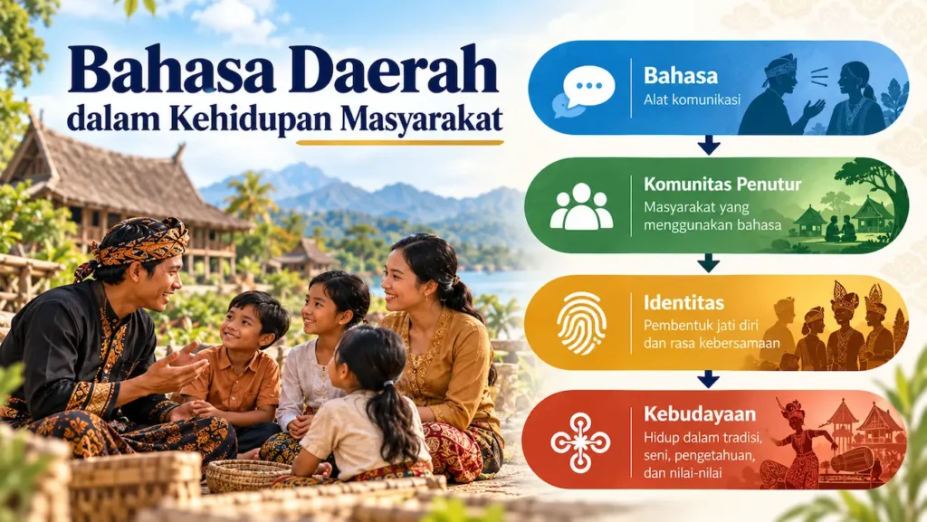 Diagram hubungan bahasa daerah, komunitas penutur, identitas, dan kebudayaan