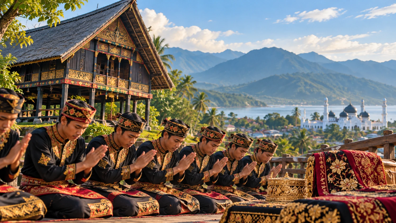Ilustrasi budaya Sumatera Utara dengan rumah tradisional Batak, penari Tortor, kain ulos, musik, kerajinan, dan kuliner.