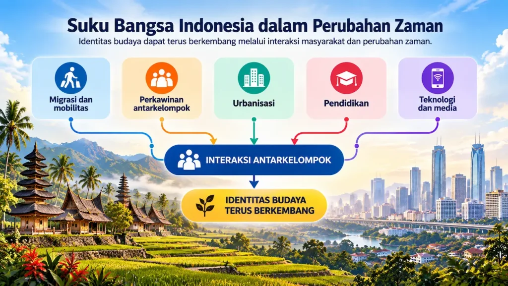 Infografik dinamika identitas budaya Indonesia melalui migrasi perkawinan urbanisasi pendidikan serta teknologi dan media