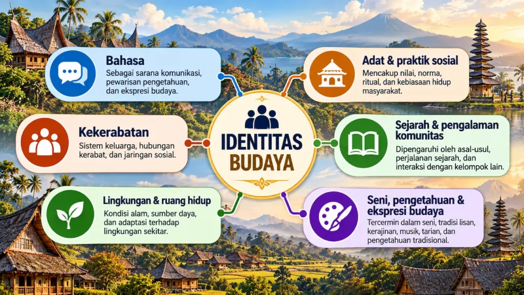 Infografik faktor yang dapat membentuk identitas budaya suatu suku di Indonesia