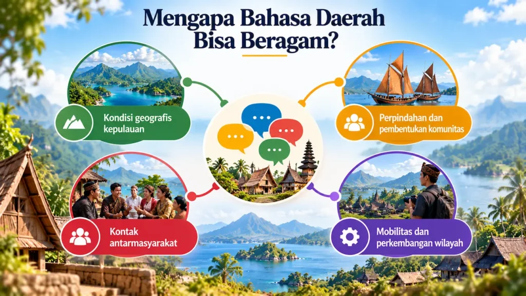Empat faktor keragaman bahasa daerah: geografi, perpindahan komunitas, kontak masyarakat, dan mobilitas