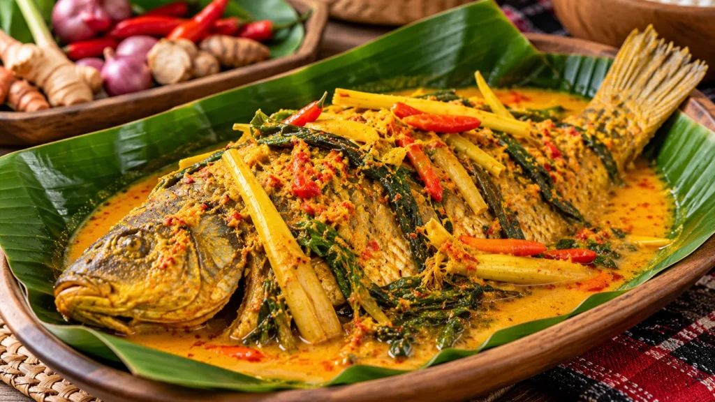 Hidangan ikan arsik dengan bumbu kuning, cabai, dan rempah yang disajikan di atas alas daun.