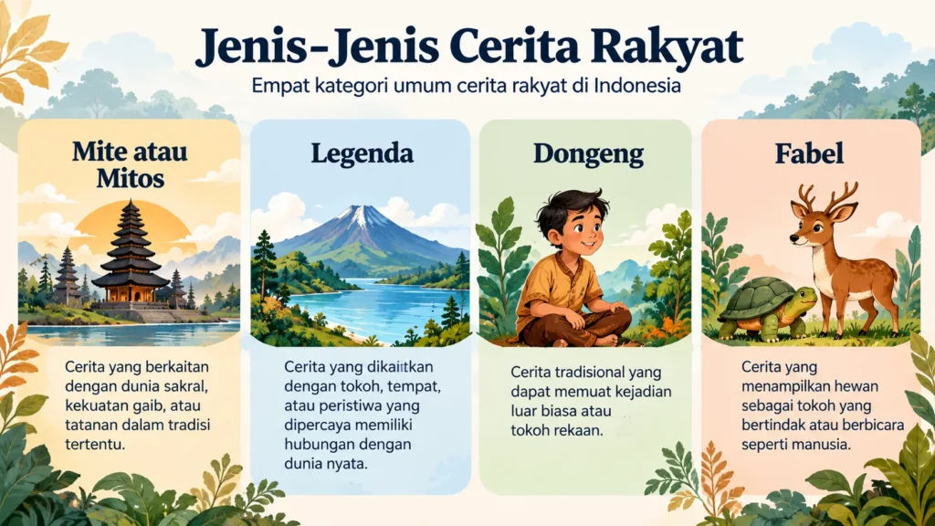 Infografik empat kategori cerita rakyat Indonesia, yaitu mite atau mitos, legenda, dongeng, dan fabel.
