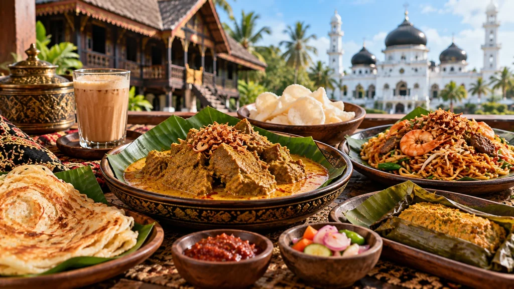 Beragam hidangan dengan kuah berbumbu, mi, roti, dan pelengkap yang disajikan di atas meja