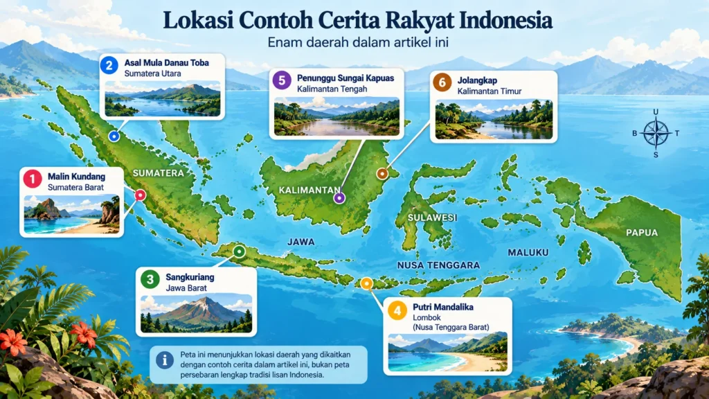 Peta ilustratif lokasi daerah yang dikaitkan dengan enam contoh cerita rakyat Indonesia dalam artikel.