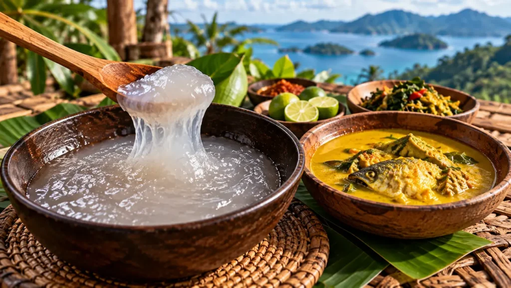 Papeda berbahan sagu disajikan bersama ikan kuah kuning