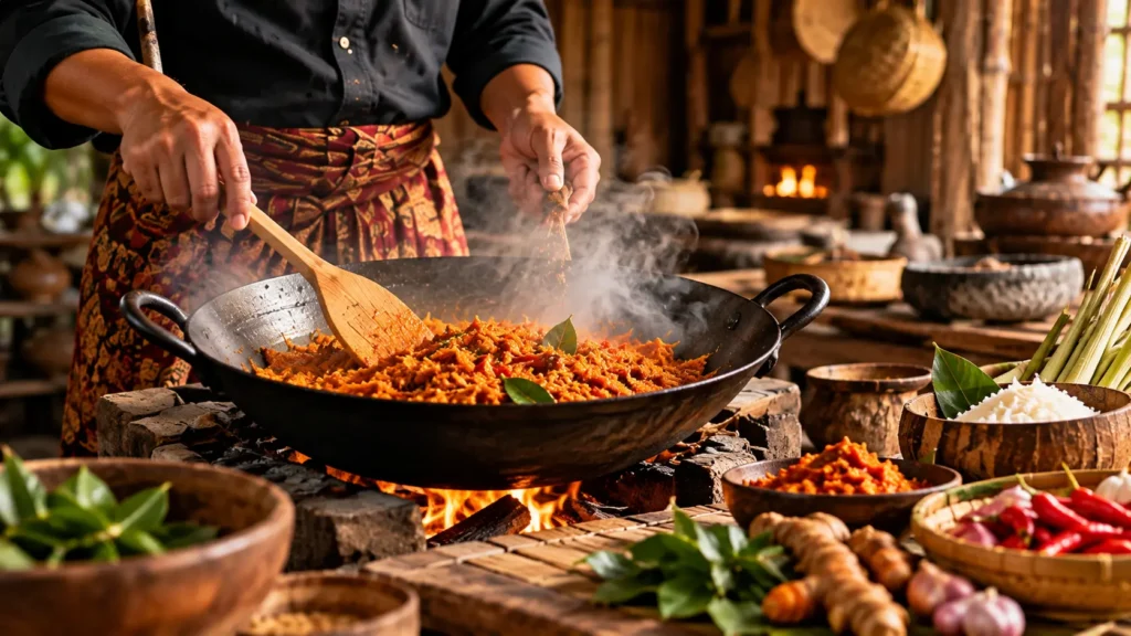 Proses mengolah bahan pangan menjadi makanan tradisional Indonesia