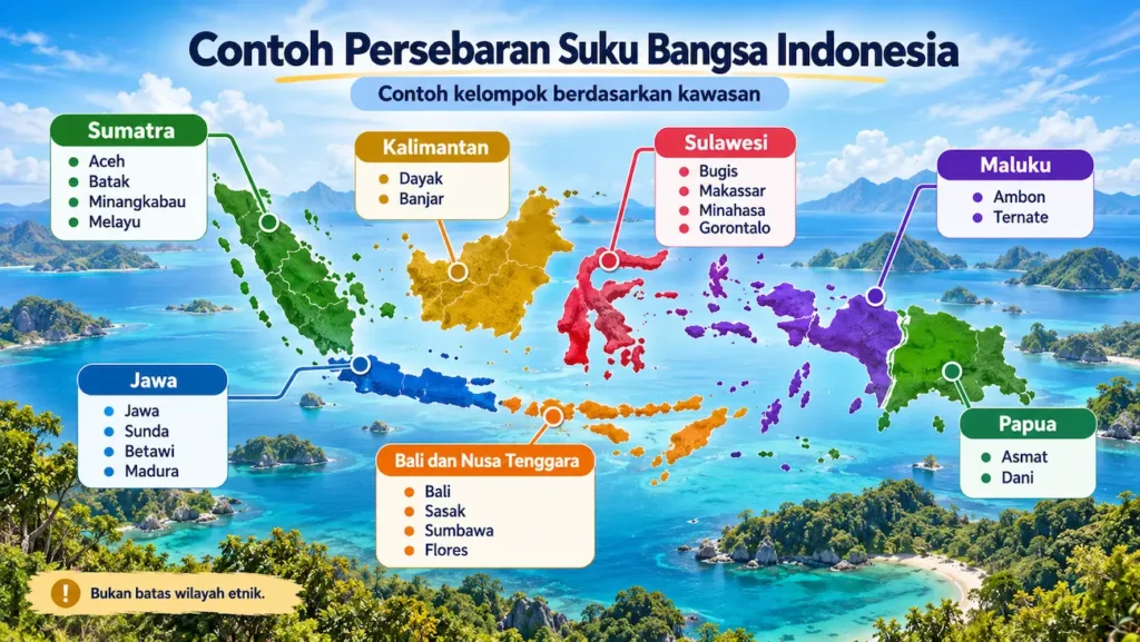 Peta contoh persebaran suku bangsa Indonesia berdasarkan kawasan Sumatra Jawa Kalimantan Sulawesi Bali Nusa Tenggara Maluku dan Papua