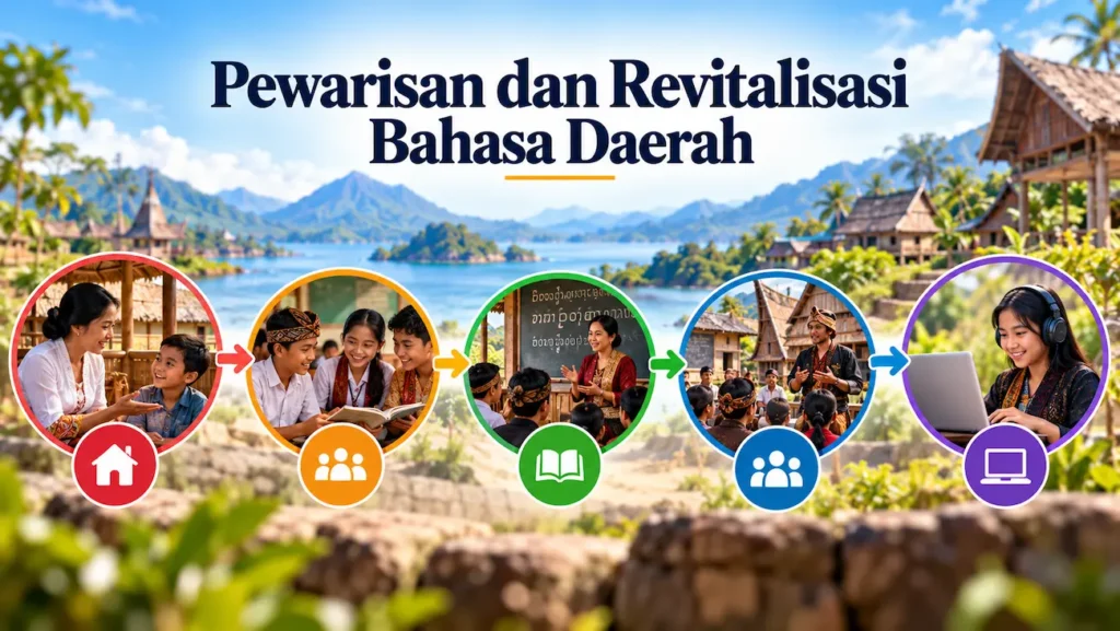 Alur pewarisan bahasa daerah melalui keluarga, generasi muda, sekolah, komunitas, dan teknologi