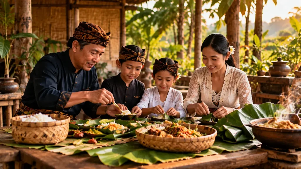Generasi berbeda menyiapkan makanan tradisional bersama