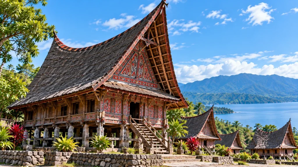 Rumah tradisional Batak Toba berbentuk panggung dengan atap melengkung dan ornamen pada bagian depan.