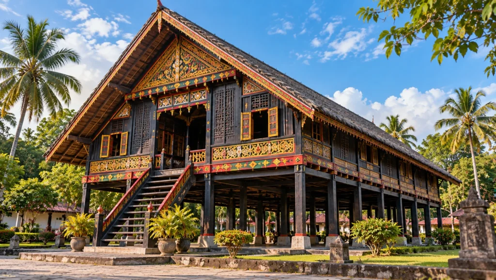 Ilustrasi Rumoh Aceh berupa rumah panggung kayu dengan ornamen pada fasad dan tangga depan