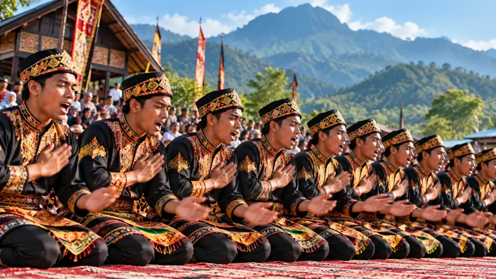 Penari dalam formasi berbaris menampilkan gerakan Tari Saman dengan kostum berhias motif warna-warni