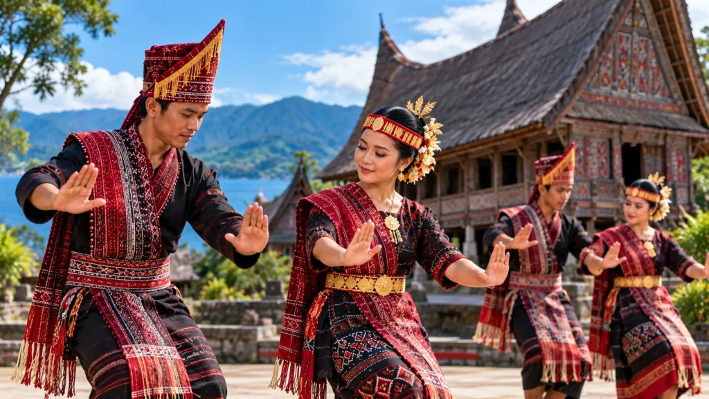 Dua pasang penari dalam ilustrasi tari Tortor mengenakan busana bermotif kain tradisional.