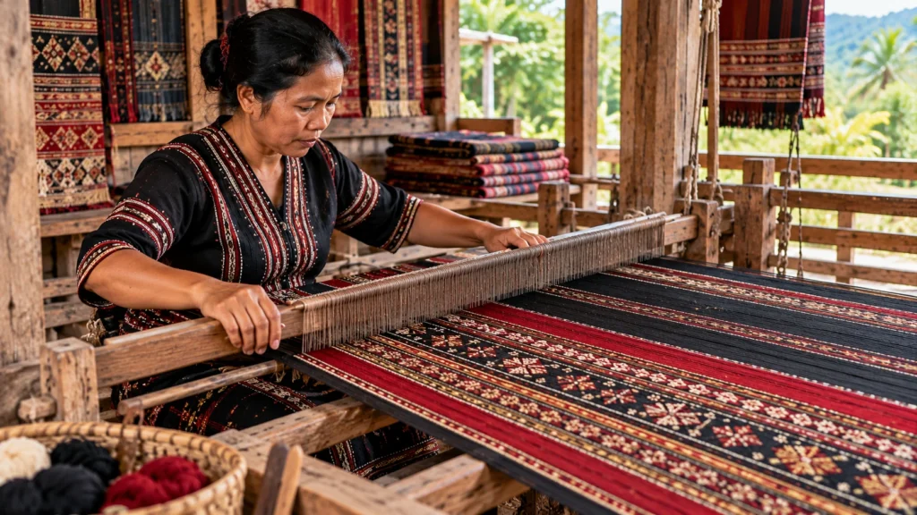 Ilustrasi proses menenun kain tradisional Angkola menggunakan alat tenun kayu.