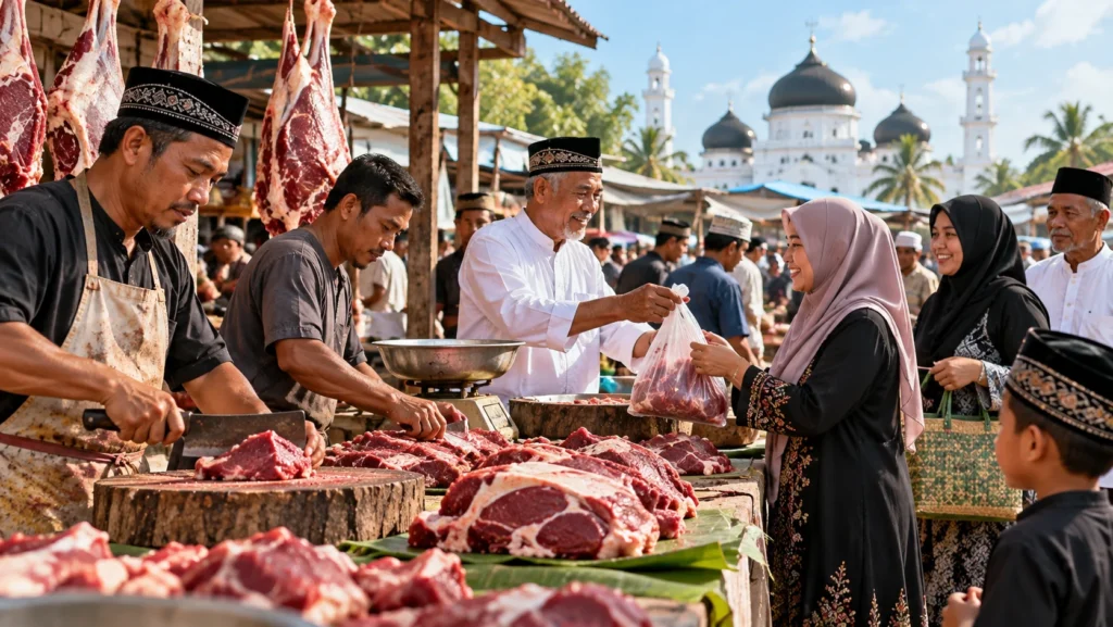 Aktivitas jual beli dan berbagi daging dalam ilustrasi tradisi Meugang di Aceh