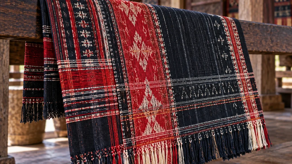 Kain ulos bernuansa merah, hitam, dan krem dengan pola tenun geometris serta rumbai.